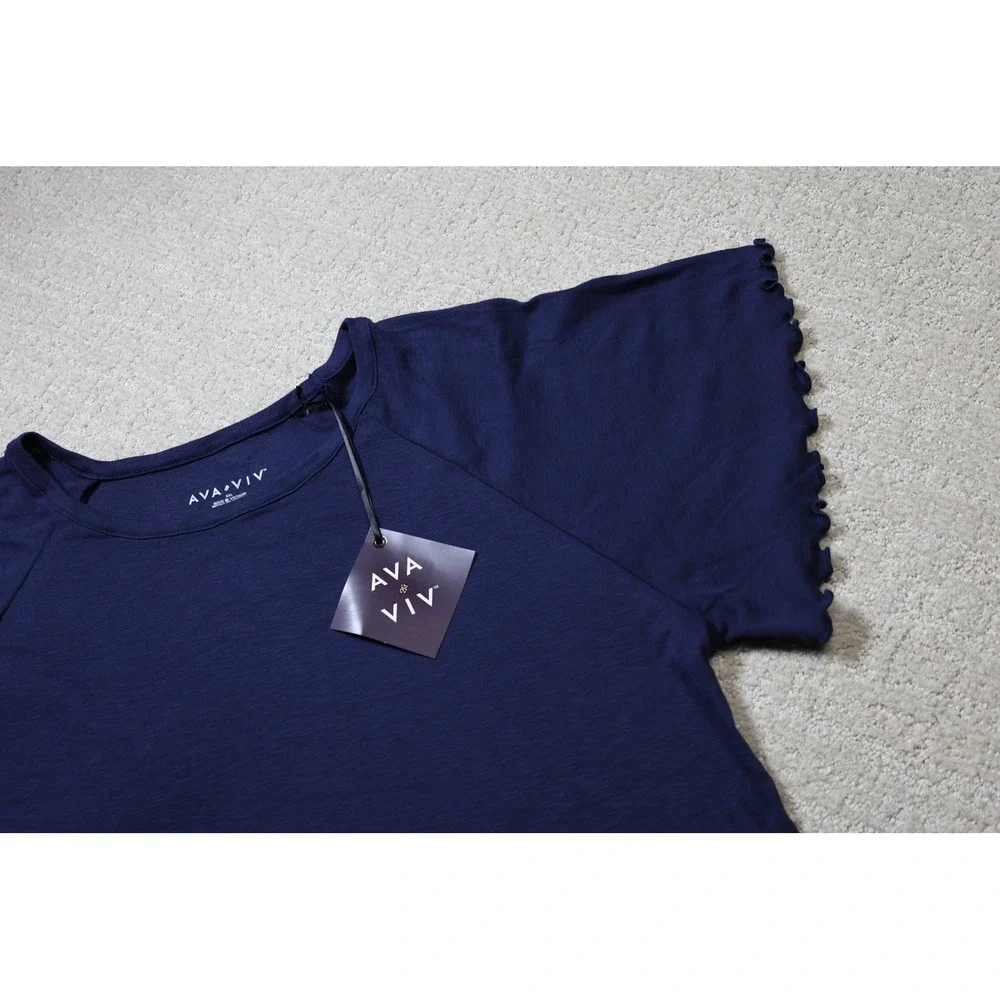 Ava & Viv Navy Blue Lettuce Edge Raglan Sleeve Slub Knit Top XXL
